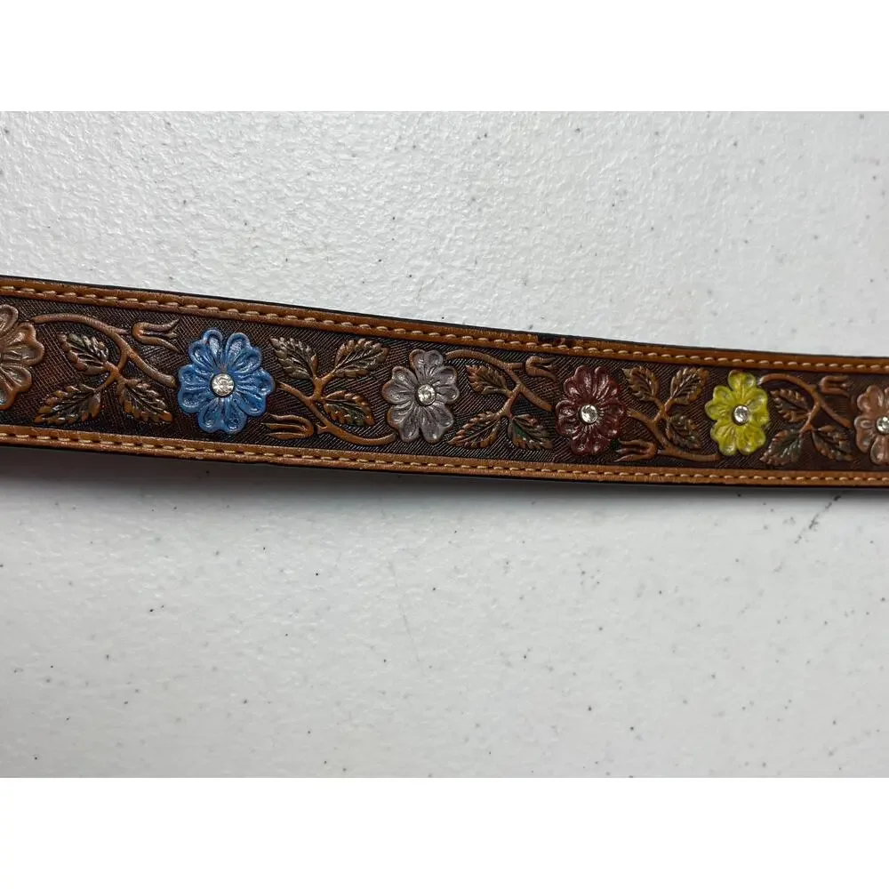 Vintage Nocona Girls Size 18 Leather Floral Painted Belt Silver Floral Buckle